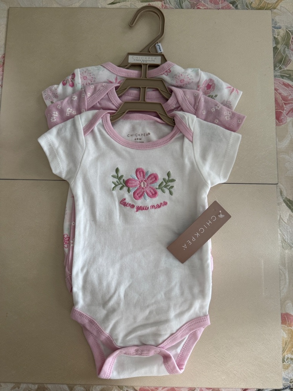 chick pea White and Pink Floral Embroidered Baby One-Piece